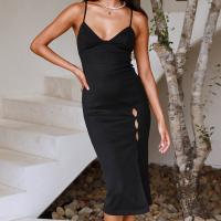 Polyester Waist-controlled One-piece Dress slimming & side slit & hollow stretchable Solid black PC
