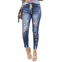 Denim Slim Women Long Trousers & skinny & breathable printed leopard blue PC