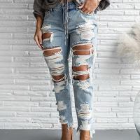 Denim Ripped & Slim Women Long Trousers & skinny & breathable stretchable Solid light blue PC