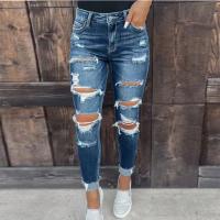 Denim Ripped & Slim Women Long Trousers & skinny & breathable stretchable Solid deep blue PC