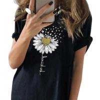 Polyester Women Short Sleeve T-Shirts slimming & loose & breathable printed floral black PC