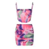 Milk Fiber Slim Two-Piece Dress Set midriff-baring & backless & two piece printed patchwork multi-colored Set