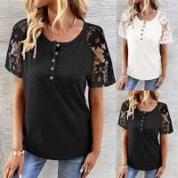 Lace & Polyester Slim Women Short Sleeve Blouses & hollow patchwork Solid PC
