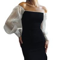 Polyester High Waist One-piece Dress side slit & off shoulder & hollow patchwork Solid PC