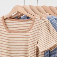 Cotton Slim Women Short Sleeve T-Shirts patchwork striped PC