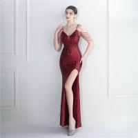 Sequin & Polyester Slim Long Evening Dress deep V & side slit embroidered PC