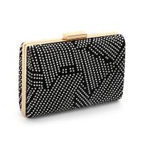 Satin hard-surface Clutch Bag with chain & with rhinestone Solid black PC