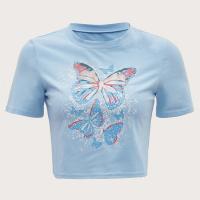Polyester Slim Women Short Sleeve T-Shirts midriff-baring printed butterfly pattern sky blue PC