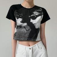 Cotton Women Short Sleeve T-Shirts midriff-baring printed black PC
