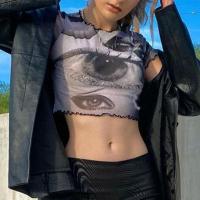 Polyester stringy selvedge Women Short Sleeve T-Shirts midriff-baring printed PC