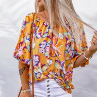 Polyester Women Five Point Sleeve Blouses & loose printed shivering yellow PC