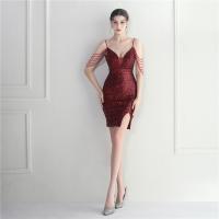 Sequin & Polyester Slim Short Evening Dress deep V & side slit embroidered PC