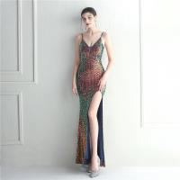 Sequin & Polyester Slim Long Evening Dress deep V & side slit embroidered PC