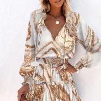 Polyester Waist-controlled One-piece Dress deep V & loose & breathable printed PC