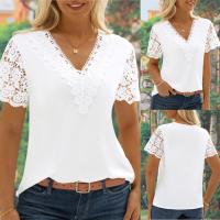 Polyester Soft Women Short Sleeve T-Shirts & loose & hollow & breathable crochet Solid white PC