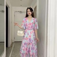 Chiffon Waist-controlled & long style One-piece Dress see through look & double layer printed floral : PC