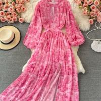 Polyester One-piece Dress double layer & side slit & loose printed shivering : PC