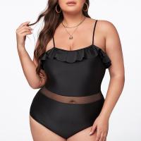 Spandex & Polyester scallop & Plus Size One-piece Swimsuit & padded Solid black PC