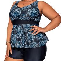 Polyester Plus Size & High Waist Tankinis Set & two piece & padded printed floral deep blue Set