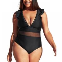 Polyester Plus Size One-piece Swimsuit deep V & padded Solid black PC