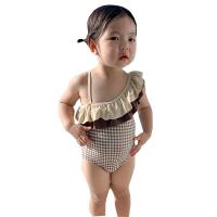 Polyester scallop Girl Kids One-piece Swimsuit printed plaid coffee PC