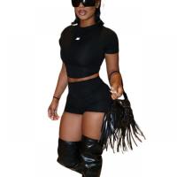 Polyester Women Casual Set & two piece short pants & top Solid black Set