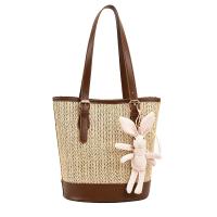 Straw & PU Leather Easy Matching & Bucket Bag Shoulder Bag with hanging ornament & large capacity striped PC