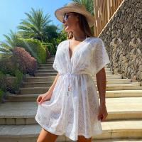 Polyester Swimming Cover Ups see through look & deep V & hollow Solid white : PC