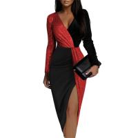 Polyester Waist-controlled One-piece Dress slimming & side slit stretchable patchwork PC