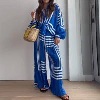 Polyester Women Casual Set & two piece Long Trousers & top printed blue Set