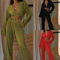 Polyester Women Casual Set midriff-baring & two piece Long Trousers & top Solid Set