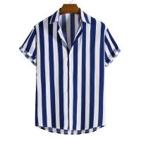 Mixed Fabric Men Short Sleeve Casual Shirt slimming & loose & breathable printed striped PC