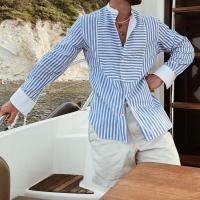 Cotton Men Long Sleeve Casual Shirts & sweat absorption & loose & breathable printed striped blue PC