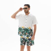 Polyester Men Casual Set & two piece & sweat absorption & loose & breathable printed leaf pattern white Set