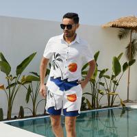 Mixed Fabric Men Casual Set & two piece & sweat absorption & loose & breathable printed leaf pattern white Set