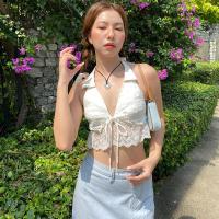 Lace & Polyester Women Sleeveless T-shirt deep V & off shoulder & hollow & breathable patchwork Solid white PC