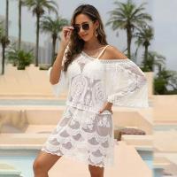 Polyester Swimming Cover Ups see through look & side slit & loose & hollow Solid white : PC