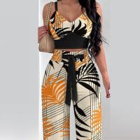 Polyester Waist-controlled & Wide Leg Trousers Women Casual Set slimming & two piece printed Set