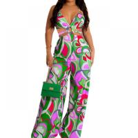 Polyester Wide Leg Trousers Long Jumpsuit deep V & backless printed PC
