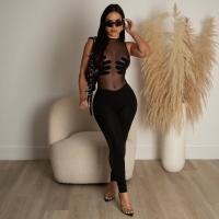 Polyester Plus Size Long Jumpsuit see through look & off shoulder & skinny Solid black PC