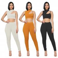 Polyester Women Casual Set midriff-baring & two piece & sweat absorption & skinny & hollow stretchable Solid Set