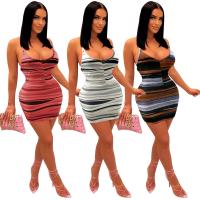 Polyester Sexy Package Hip Dresses deep V & backless & skinny style printed striped PC