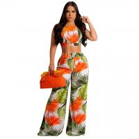 Polyester Wide Leg Trousers Lady Sexy Suit midriff-baring & backless & two piece printed Solid Set