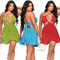 Polyester Flounce One-piece Dress backless & loose & breathable ruffles Solid PC