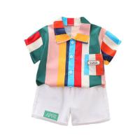Polyester Boy Clothing Set & two piece & loose Pants & top striped multi-colored Set