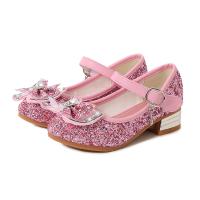 Beef Tendon & Synthetic Leather with bowknot & chunky Girl Kids Shoes Plastic Sequins Pair