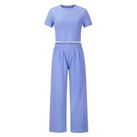 Polyvinyl Chloride Fibre & Polyester Women Casual Set midriff-baring & two piece Long Trousers & short sleeve T-shirts plain dyed Solid Set