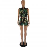 Acetate Fiber & Polyester Women Casual Set midriff-baring & two piece short pants & tank top printed camouflage army green Set