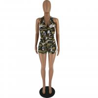 Polyester Women Casual Set backless & two piece short pants & tank top printed camouflage Set