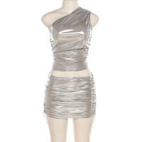Viscose & Polyester shoulder slope Two-Piece Dress Set midriff-baring Solid Set